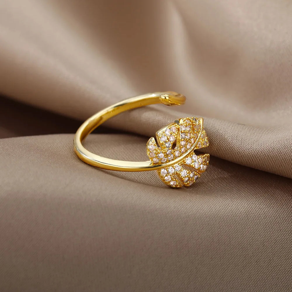 Palm Leaf Zircon Adjustable Ring for Women – Elegant Stainless Steel Party Jewelry