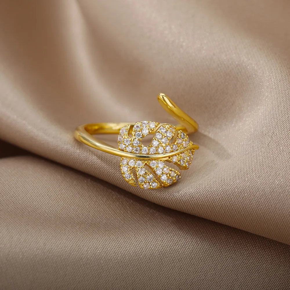 Palm Leaf Zircon Adjustable Ring for Women – Elegant Stainless Steel Party Jewelry