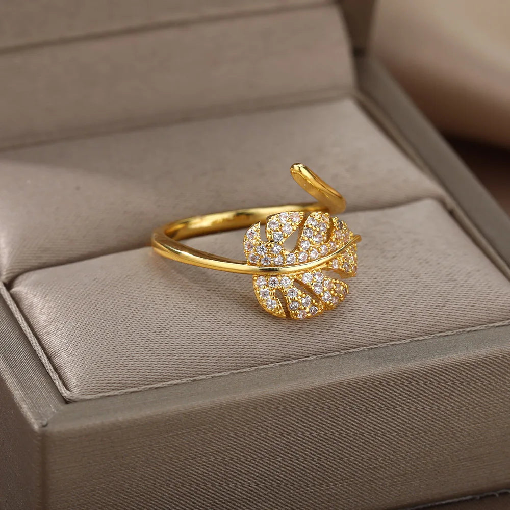 Palm Leaf Zircon Adjustable Ring for Women – Elegant Stainless Steel Party Jewelry