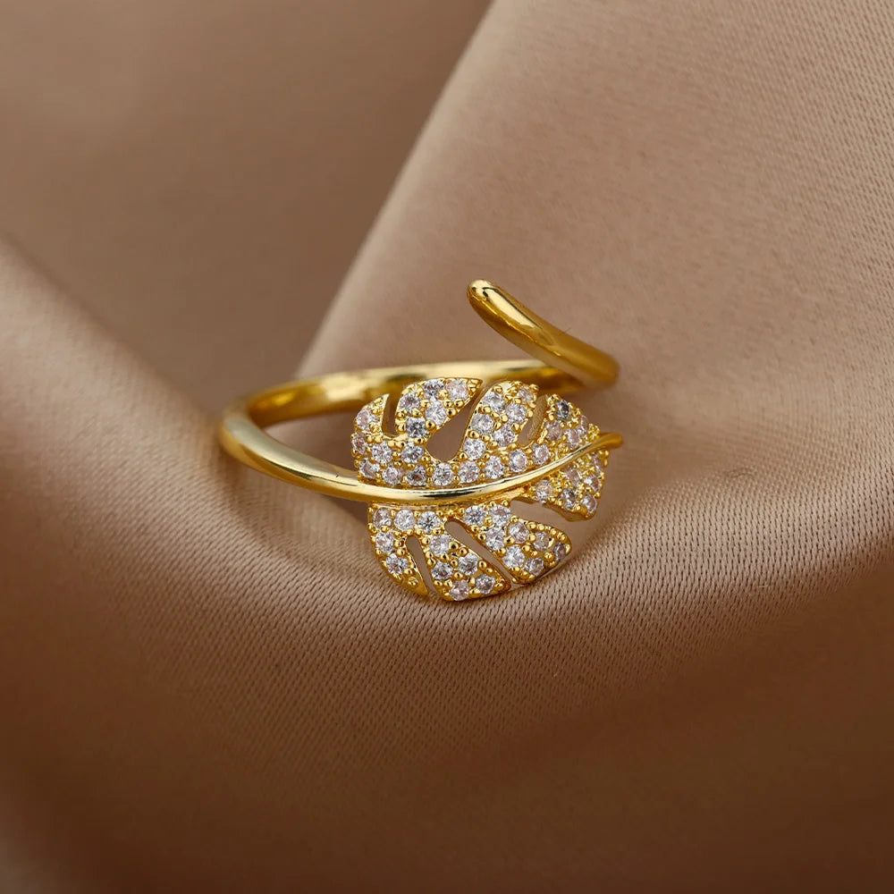 Palm Leaf Zircon Adjustable Ring for Women – Elegant Stainless Steel Party Jewelry