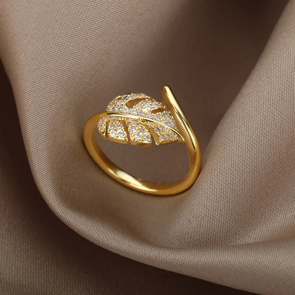 Palm Leaf Zircon Adjustable Ring for Women – Elegant Stainless Steel Party Jewelry