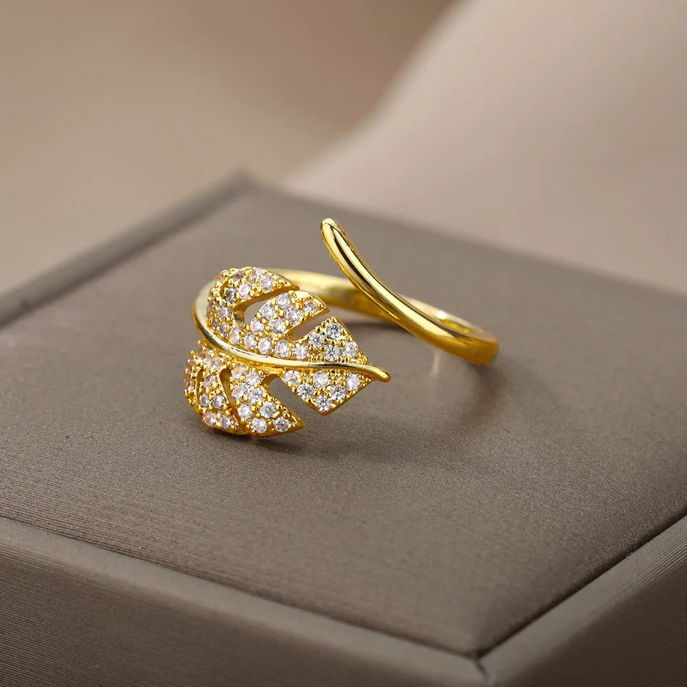 Palm Leaf Zircon Adjustable Ring for Women – Elegant Stainless Steel Party Jewelry