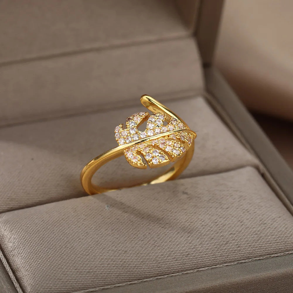 Palm Leaf Zircon Adjustable Ring for Women – Elegant Stainless Steel Party Jewelry