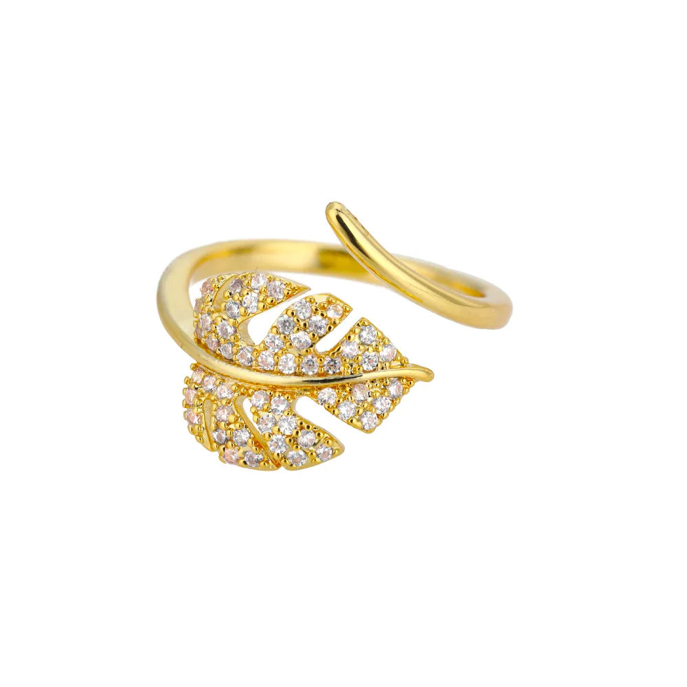 Palm Leaf Zircon Adjustable Ring for Women – Elegant Stainless Steel Party Jewelry