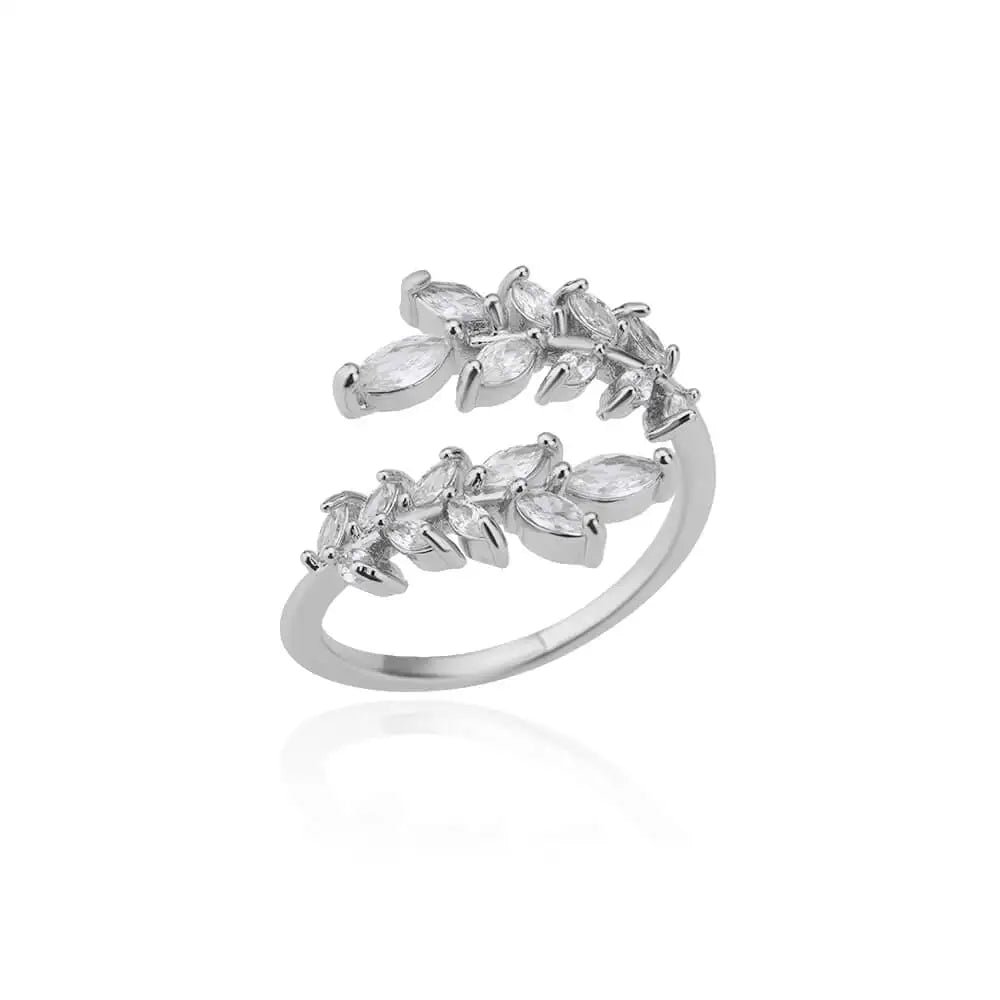White Zircon Flower Leaf Adjustable Stainless Steel Ring for Women – Elegant Aesthetic Wedding & BFF Jewelry