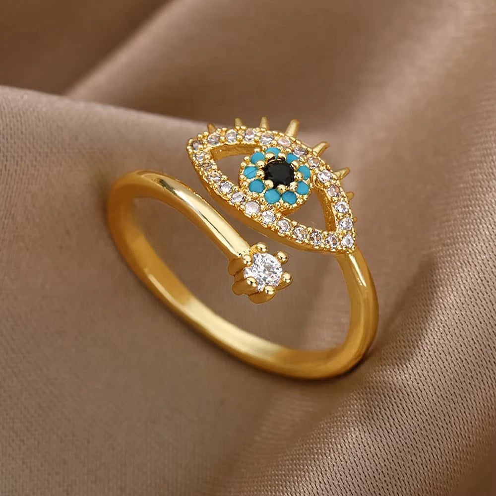 Minimalist Evil Eye Gold Ring – Adjustable Stainless Steel Zircon Geometric Design, Trendy Luxury Jewelry for Women