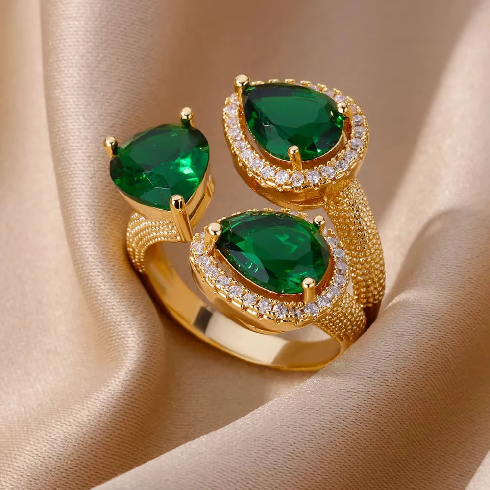 Luxury Green Zircon Birthstone Flower Ring – 18K Gold Plated Adjustable Stainless Steel Ring for Women