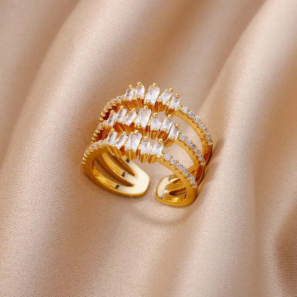 White Zircon Flower Leaf Adjustable Stainless Steel Ring for Women – Elegant Aesthetic Wedding & BFF Jewelry