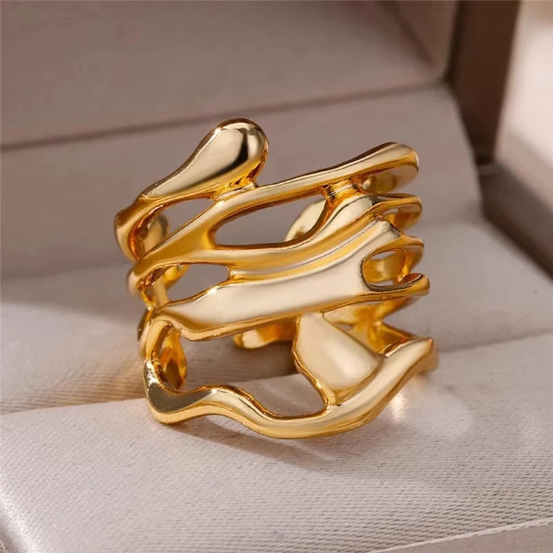 Minimalist Evil Eye Gold Ring – Adjustable Stainless Steel Zircon Geometric Design, Trendy Luxury Jewelry for Women