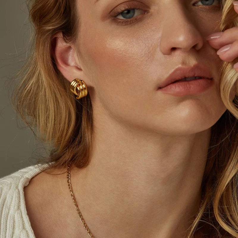 Vintage Gold Stainless Steel Earrings – Retro Chunky Statement Jewelry for Women