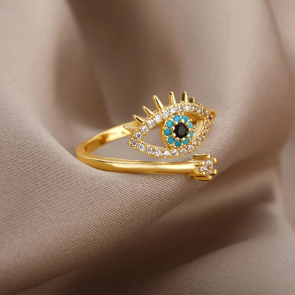 Minimalist Evil Eye Gold Ring – Adjustable Stainless Steel Zircon Geometric Design, Trendy Luxury Jewelry for Women