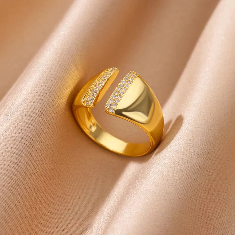 Minimalist Evil Eye Gold Ring – Adjustable Stainless Steel Zircon Geometric Design, Trendy Luxury Jewelry for Women