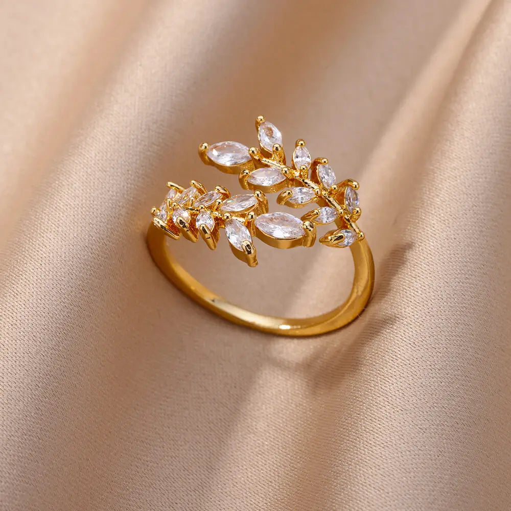 White Zircon Flower Leaf Adjustable Stainless Steel Ring for Women – Elegant Aesthetic Wedding & BFF Jewelry