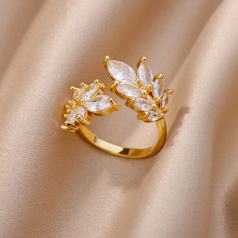 White Zircon Flower Leaf Adjustable Stainless Steel Ring for Women – Elegant Aesthetic Wedding & BFF Jewelry