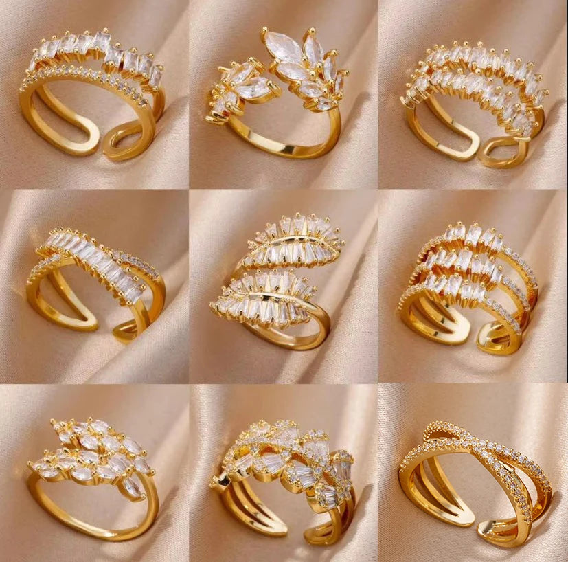 White Zircon Flower Leaf Adjustable Stainless Steel Ring for Women – Elegant Aesthetic Wedding & BFF Jewelry