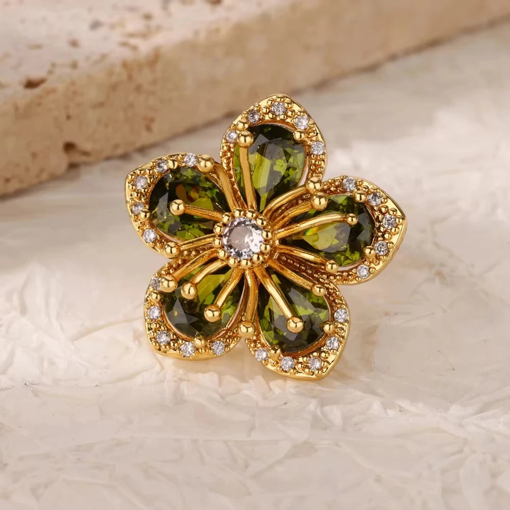 Luxury Green Zircon Birthstone Flower Ring – 18K Gold Plated Adjustable Stainless Steel Ring for Women