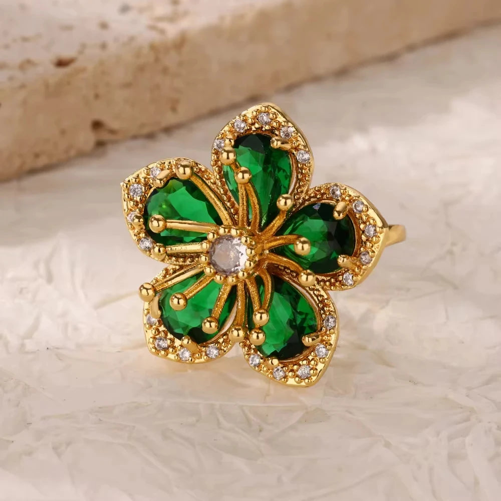 Luxury Green Zircon Birthstone Flower Ring – 18K Gold Plated Adjustable Stainless Steel Ring for Women