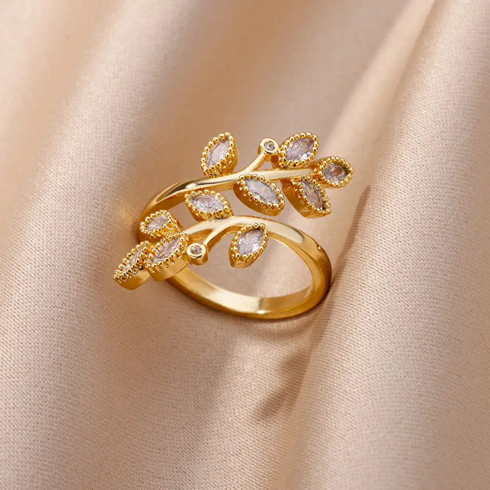 White Zircon Flower Leaf Adjustable Stainless Steel Ring for Women – Elegant Aesthetic Wedding & BFF Jewelry