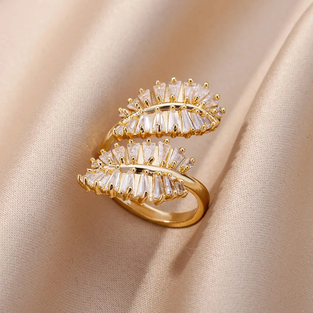 White Zircon Flower Leaf Adjustable Stainless Steel Ring for Women – Elegant Aesthetic Wedding & BFF Jewelry