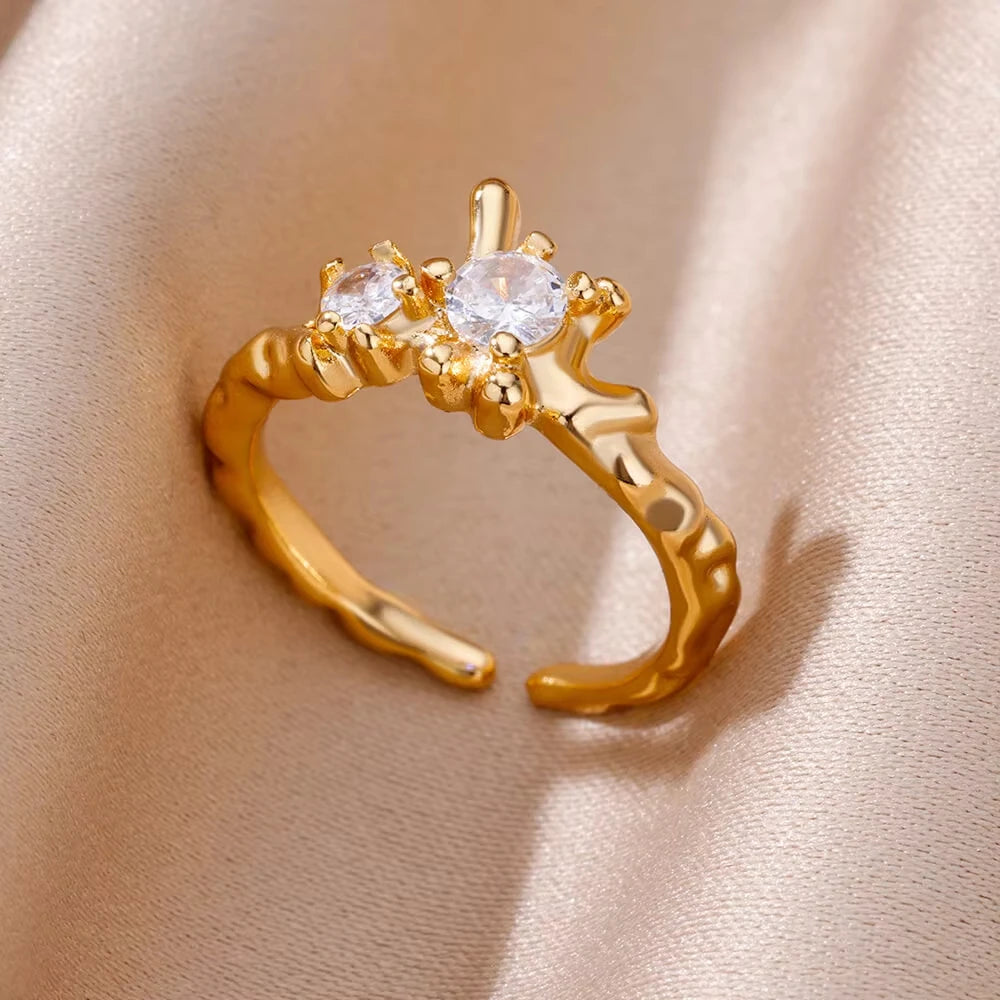 Minimalist Evil Eye Gold Ring – Adjustable Stainless Steel Zircon Geometric Design, Trendy Luxury Jewelry for Women
