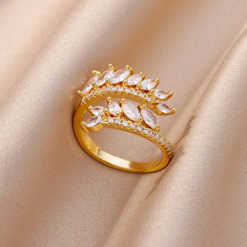 White Zircon Flower Leaf Adjustable Stainless Steel Ring for Women – Elegant Aesthetic Wedding & BFF Jewelry