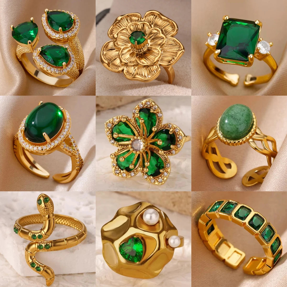 Luxury Green Zircon Birthstone Flower Ring – 18K Gold Plated Adjustable Stainless Steel Ring for Women