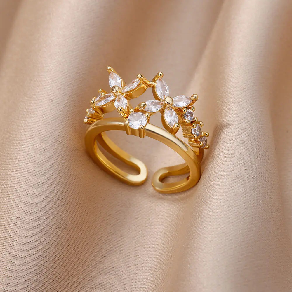 White Zircon Flower Leaf Adjustable Stainless Steel Ring for Women – Elegant Aesthetic Wedding & BFF Jewelry