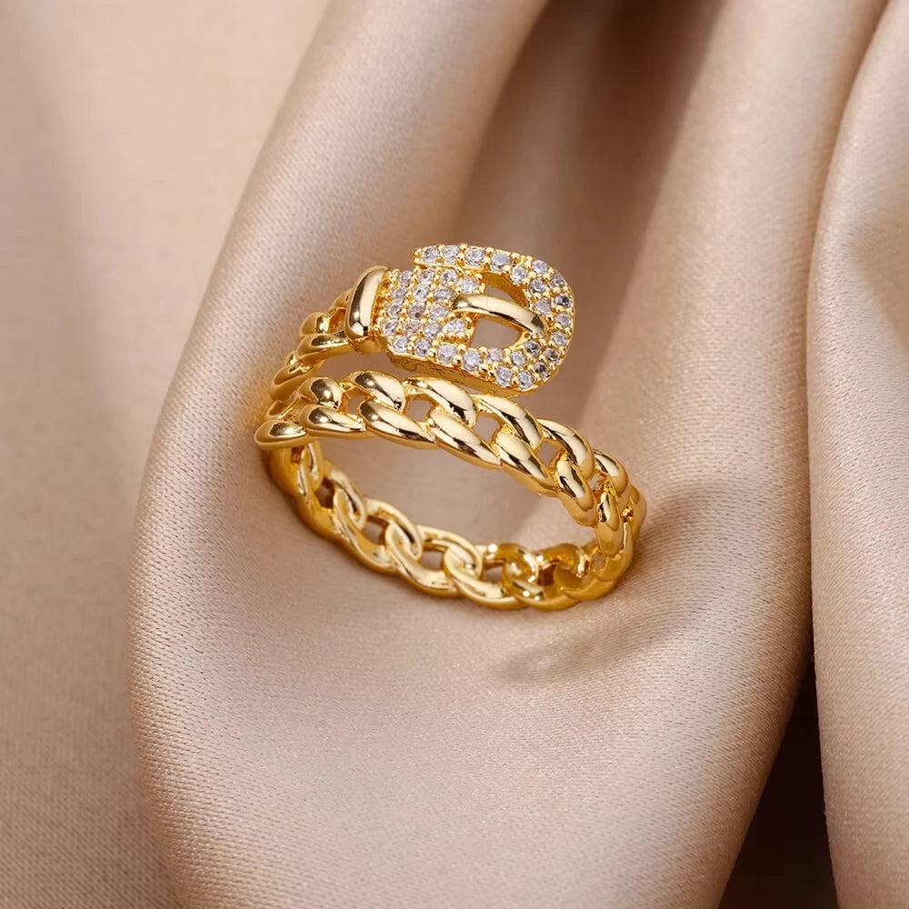 Minimalist Evil Eye Gold Ring – Adjustable Stainless Steel Zircon Geometric Design, Trendy Luxury Jewelry for Women