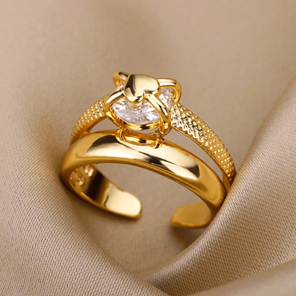 Minimalist Evil Eye Gold Ring – Adjustable Stainless Steel Zircon Geometric Design, Trendy Luxury Jewelry for Women