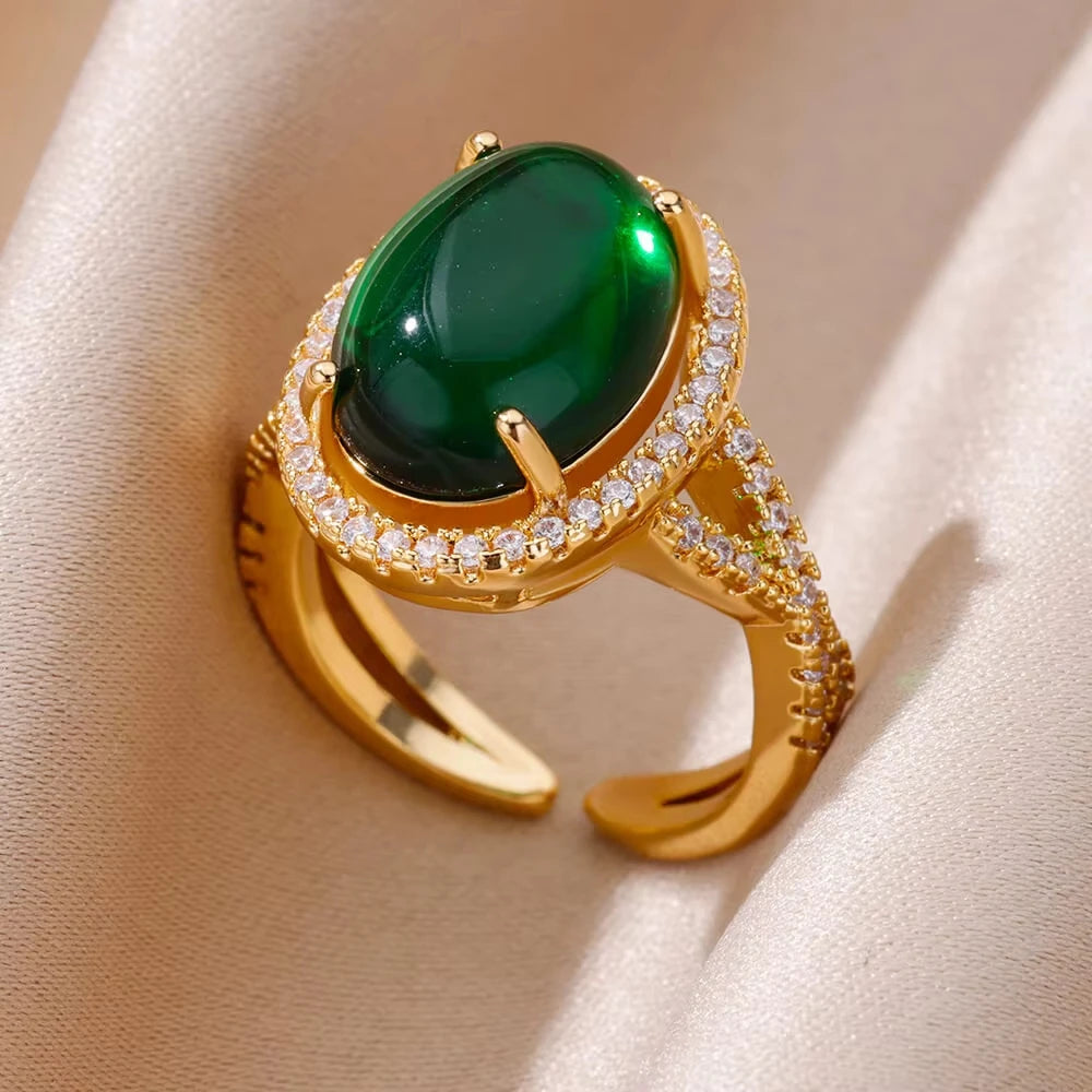 Luxury Green Zircon Birthstone Flower Ring – 18K Gold Plated Adjustable Stainless Steel Ring for Women