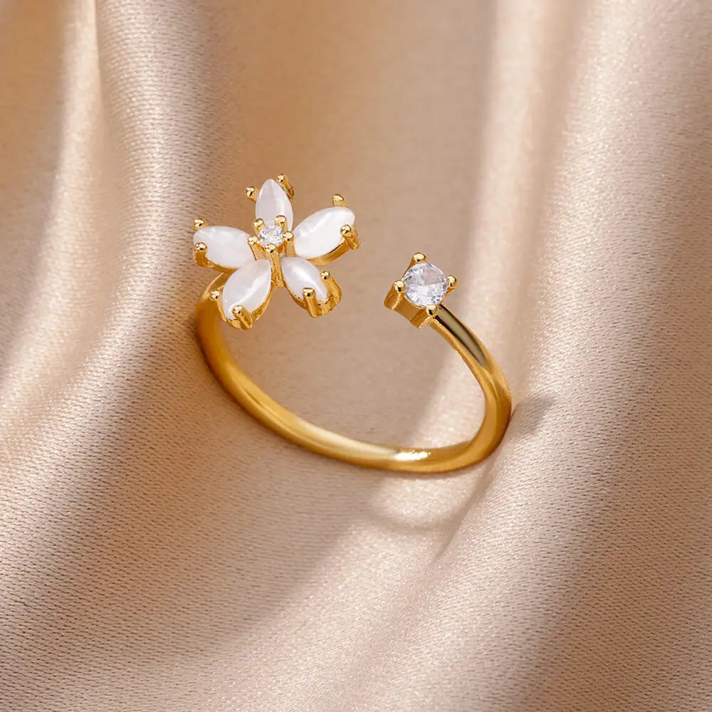 White Zircon Flower Leaf Adjustable Stainless Steel Ring for Women – Elegant Aesthetic Wedding & BFF Jewelry