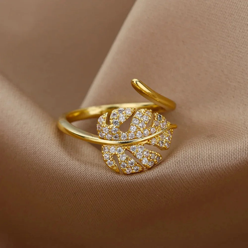 Palm Leaf Zircon Adjustable Ring for Women – Elegant Stainless Steel Party Jewelry