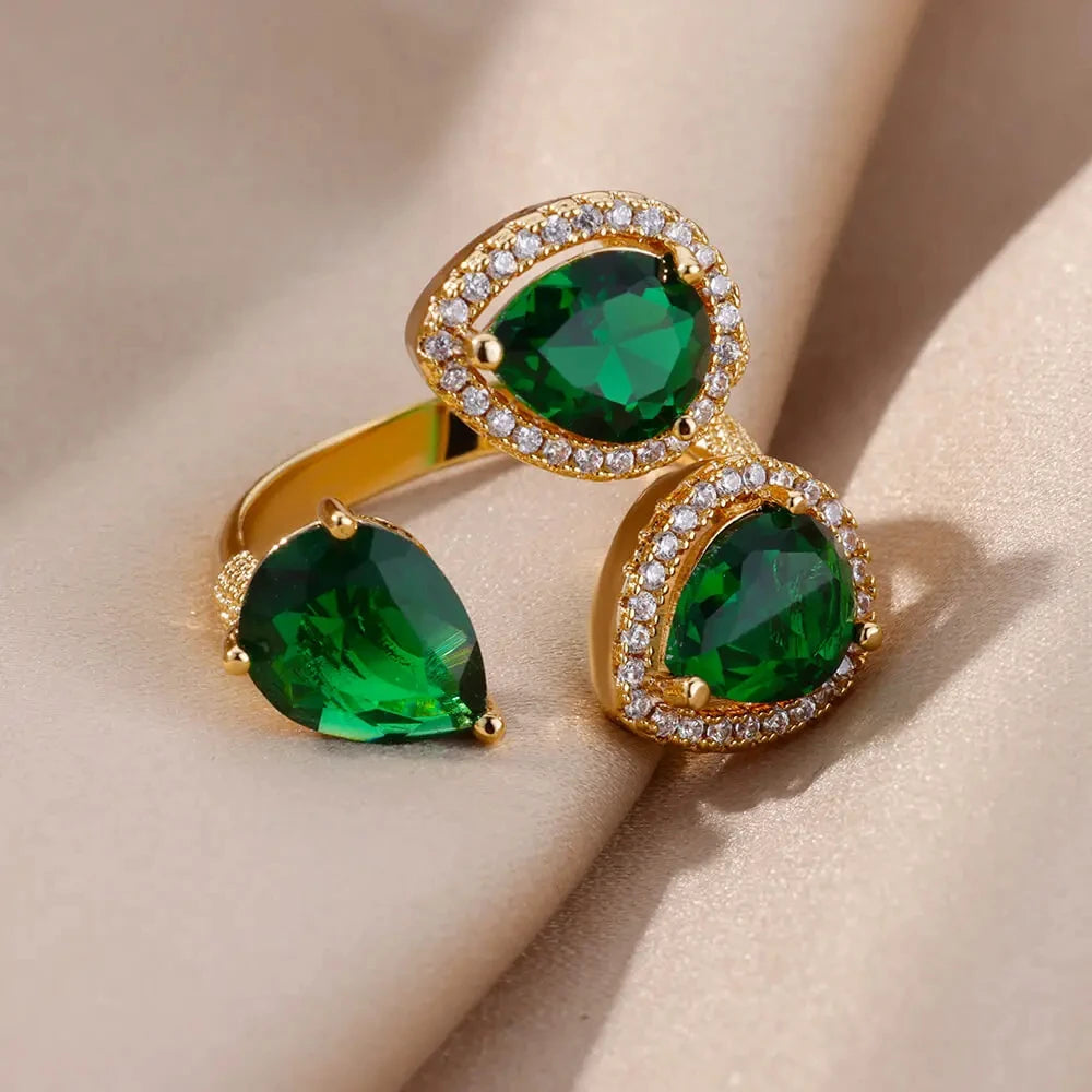 Luxury Green Zircon Birthstone Flower Ring – 18K Gold Plated Adjustable Stainless Steel Ring for Women