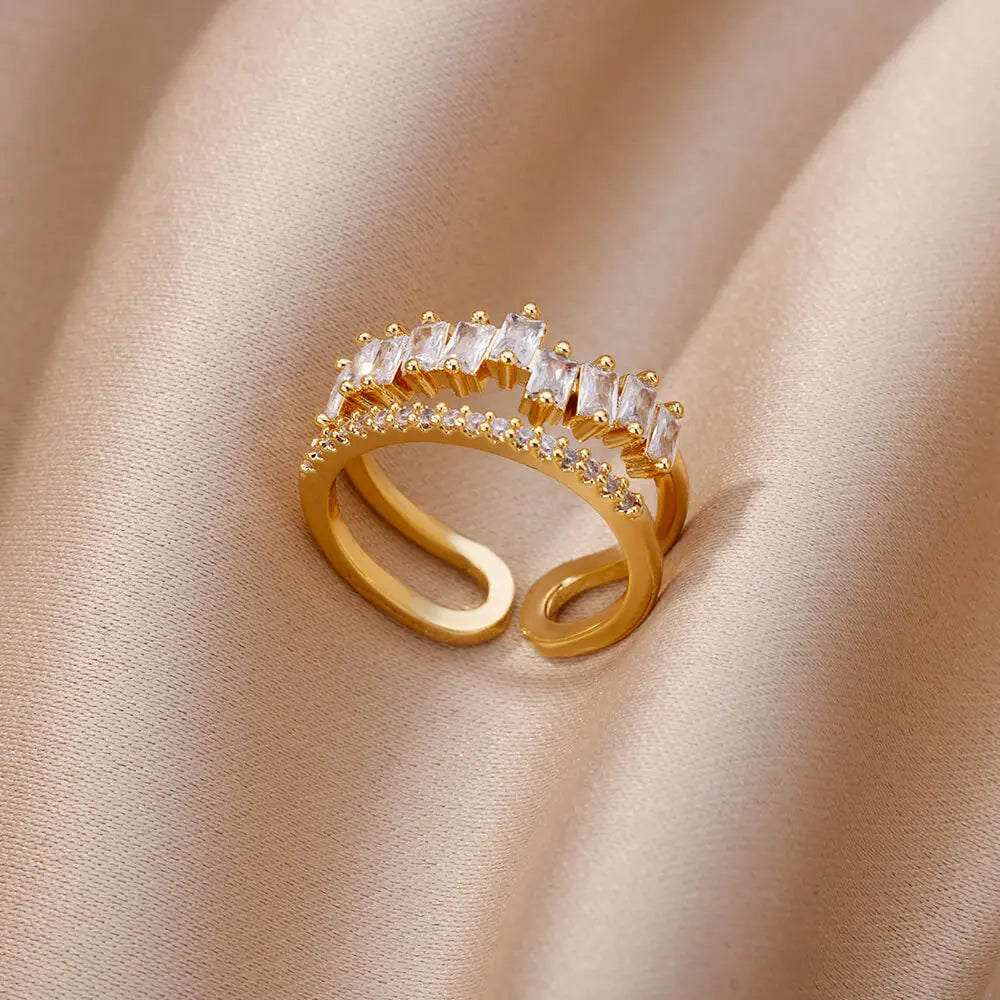 White Zircon Flower Leaf Adjustable Stainless Steel Ring for Women – Elegant Aesthetic Wedding & BFF Jewelry