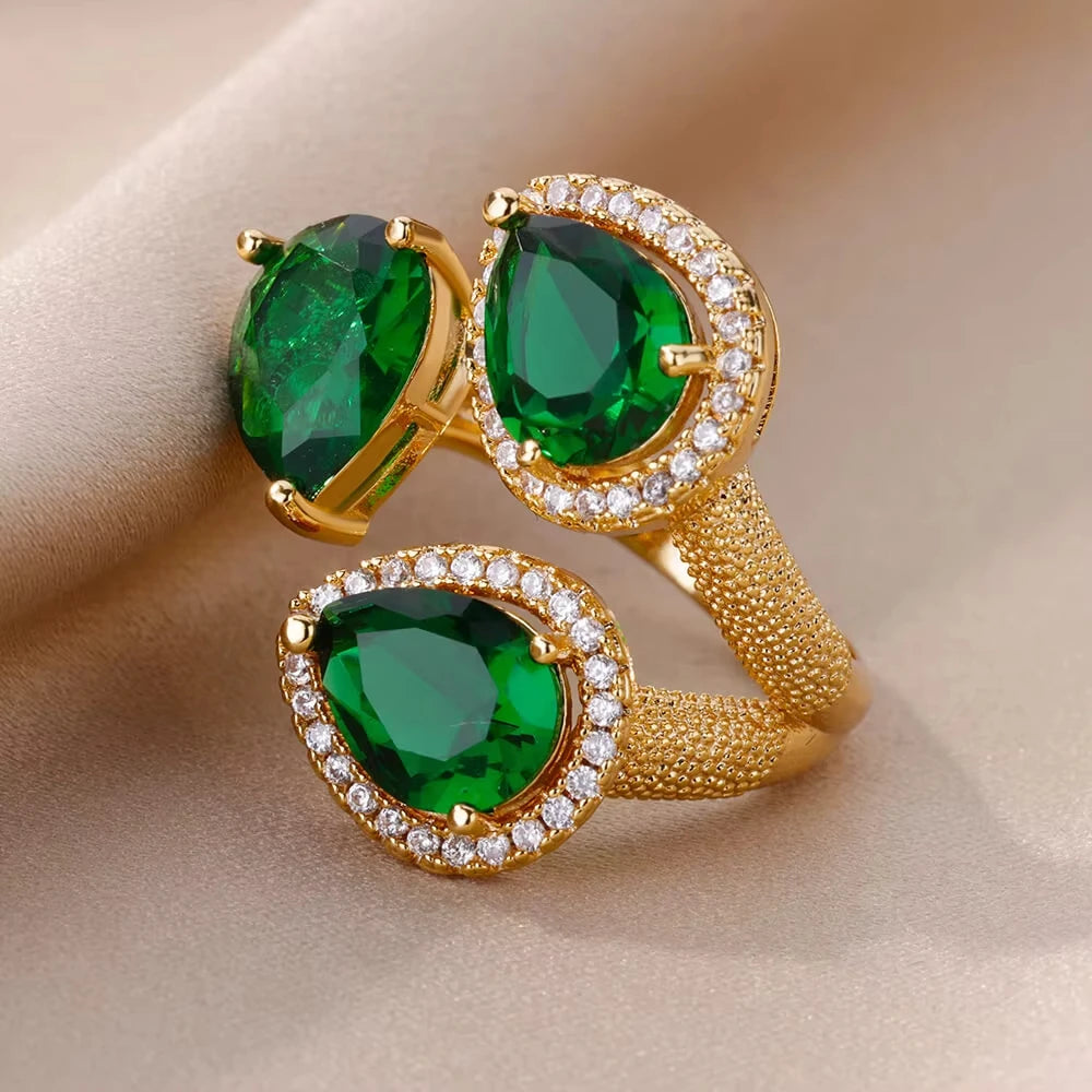 Luxury Green Zircon Birthstone Flower Ring – 18K Gold Plated Adjustable Stainless Steel Ring for Women