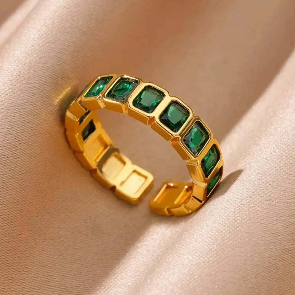 Luxury Green Zircon Birthstone Flower Ring – 18K Gold Plated Adjustable Stainless Steel Ring for Women
