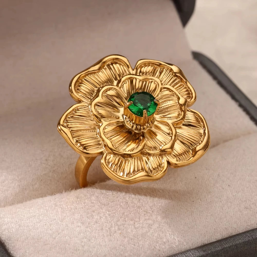 Luxury Green Zircon Birthstone Flower Ring – 18K Gold Plated Adjustable Stainless Steel Ring for Women