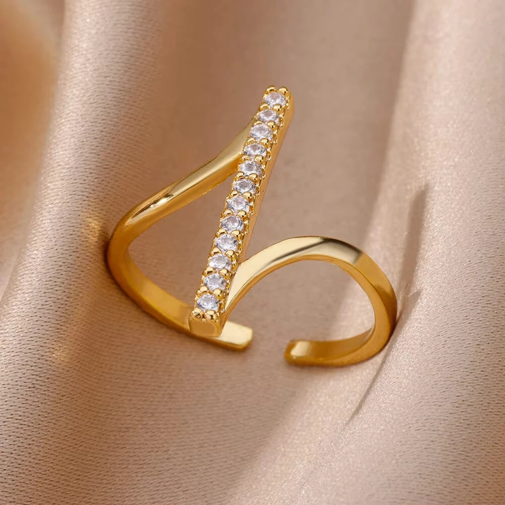 Minimalist Evil Eye Gold Ring – Adjustable Stainless Steel Zircon Geometric Design, Trendy Luxury Jewelry for Women