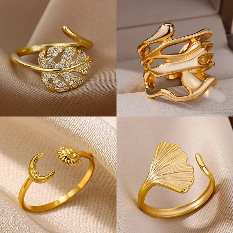 Palm Leaf Zircon Adjustable Ring for Women – Elegant Stainless Steel Party Jewelry