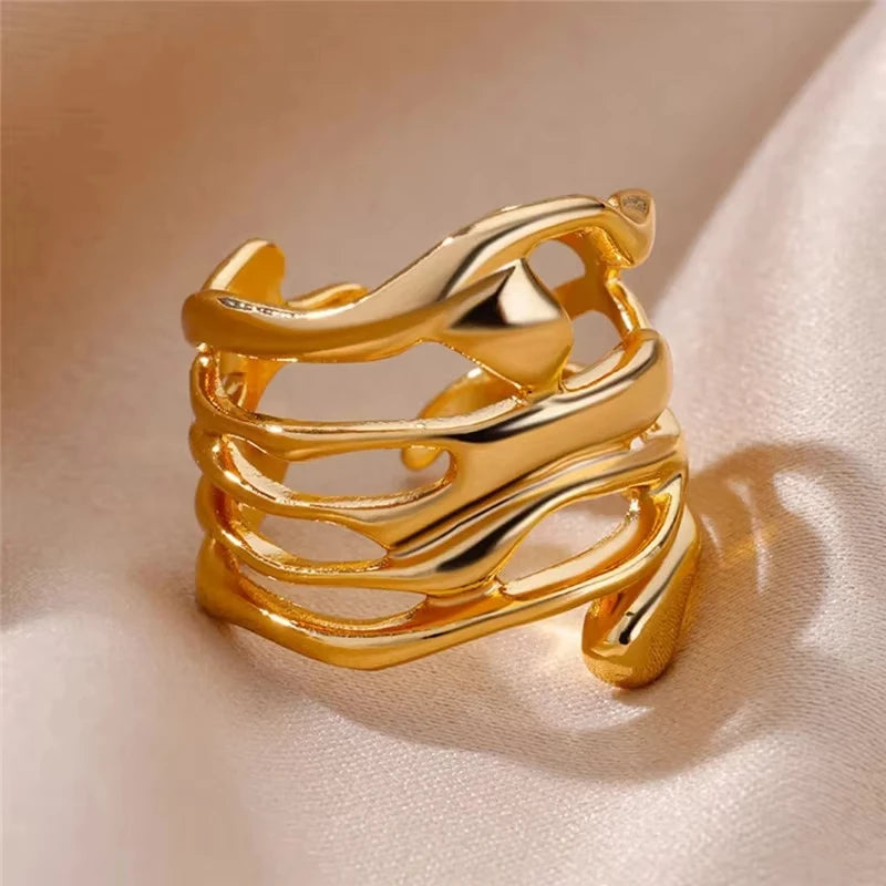 Minimalist Evil Eye Gold Ring – Adjustable Stainless Steel Zircon Geometric Design, Trendy Luxury Jewelry for Women