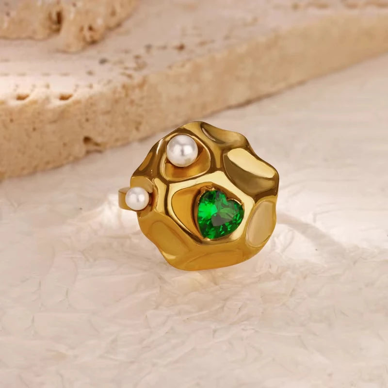 Luxury Green Zircon Birthstone Flower Ring – 18K Gold Plated Adjustable Stainless Steel Ring for Women