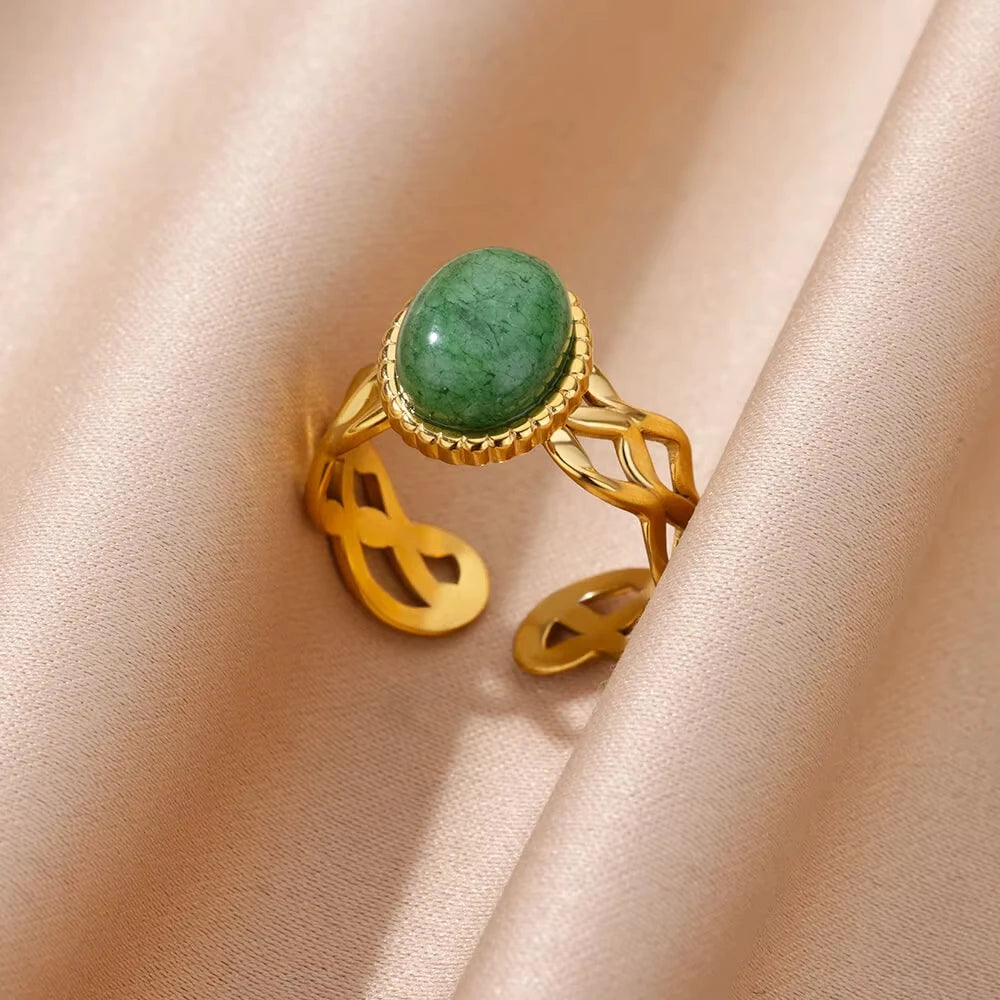 Luxury Green Zircon Birthstone Flower Ring – 18K Gold Plated Adjustable Stainless Steel Ring for Women
