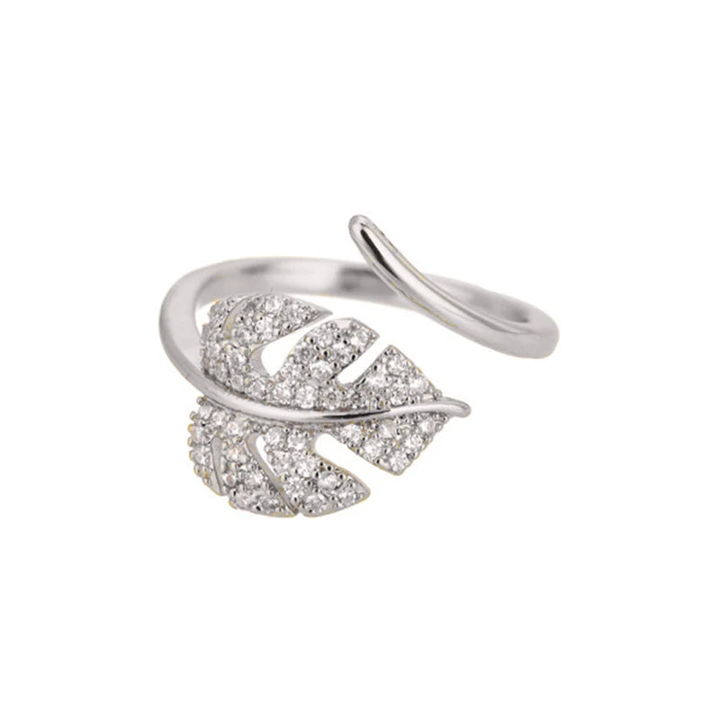 Palm Leaf Zircon Adjustable Ring for Women – Elegant Stainless Steel Party Jewelry