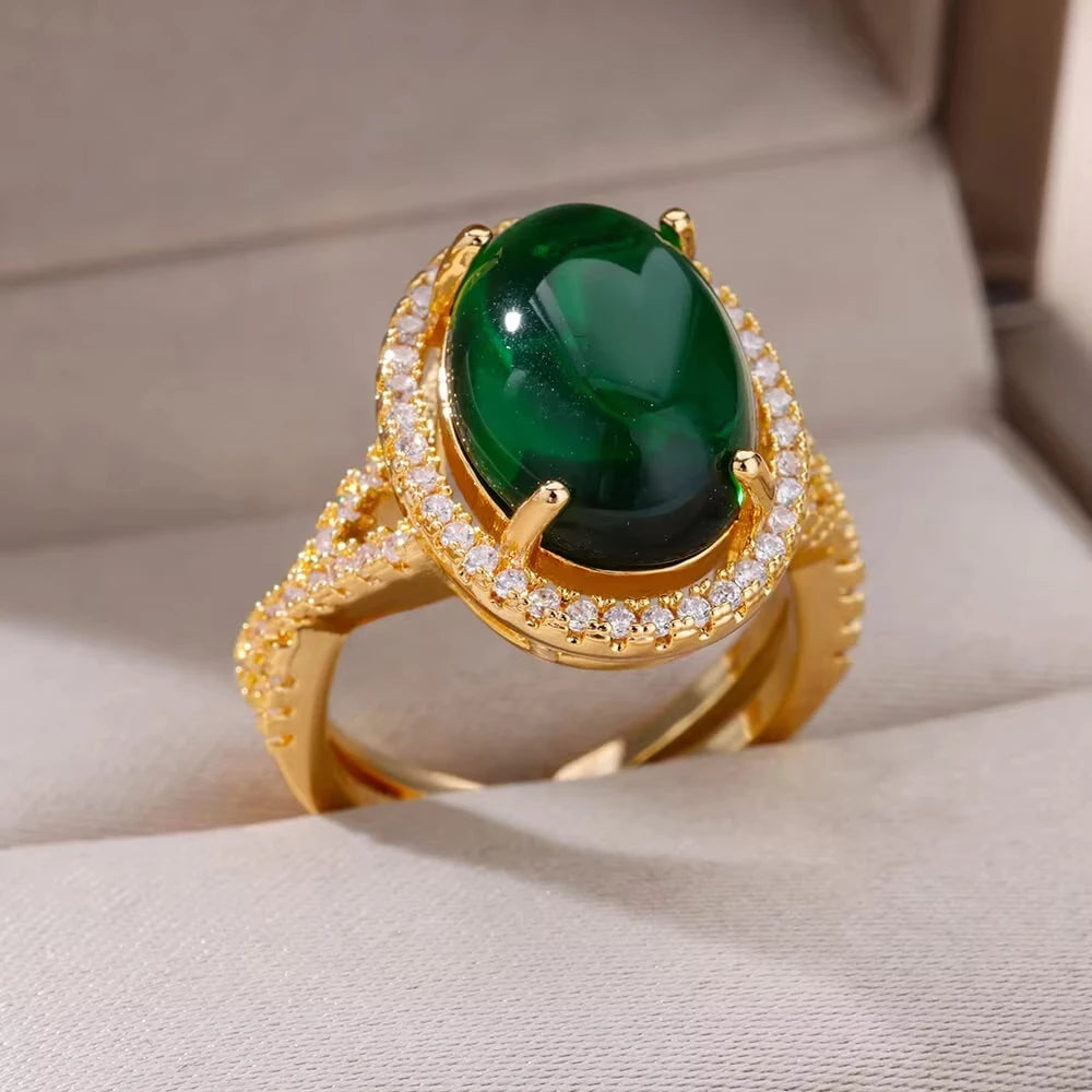 Luxury Green Zircon Birthstone Flower Ring – 18K Gold Plated Adjustable Stainless Steel Ring for Women