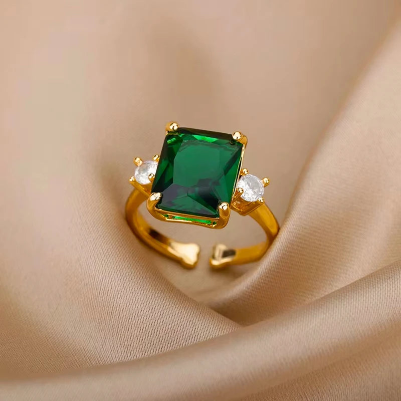 Luxury Green Zircon Birthstone Flower Ring – 18K Gold Plated Adjustable Stainless Steel Ring for Women